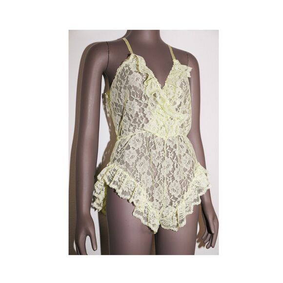 Vintage Butter Yellow Lace Ruffle Bodysuit Matching Shawl Set Lingerie - Picture 6 of 7